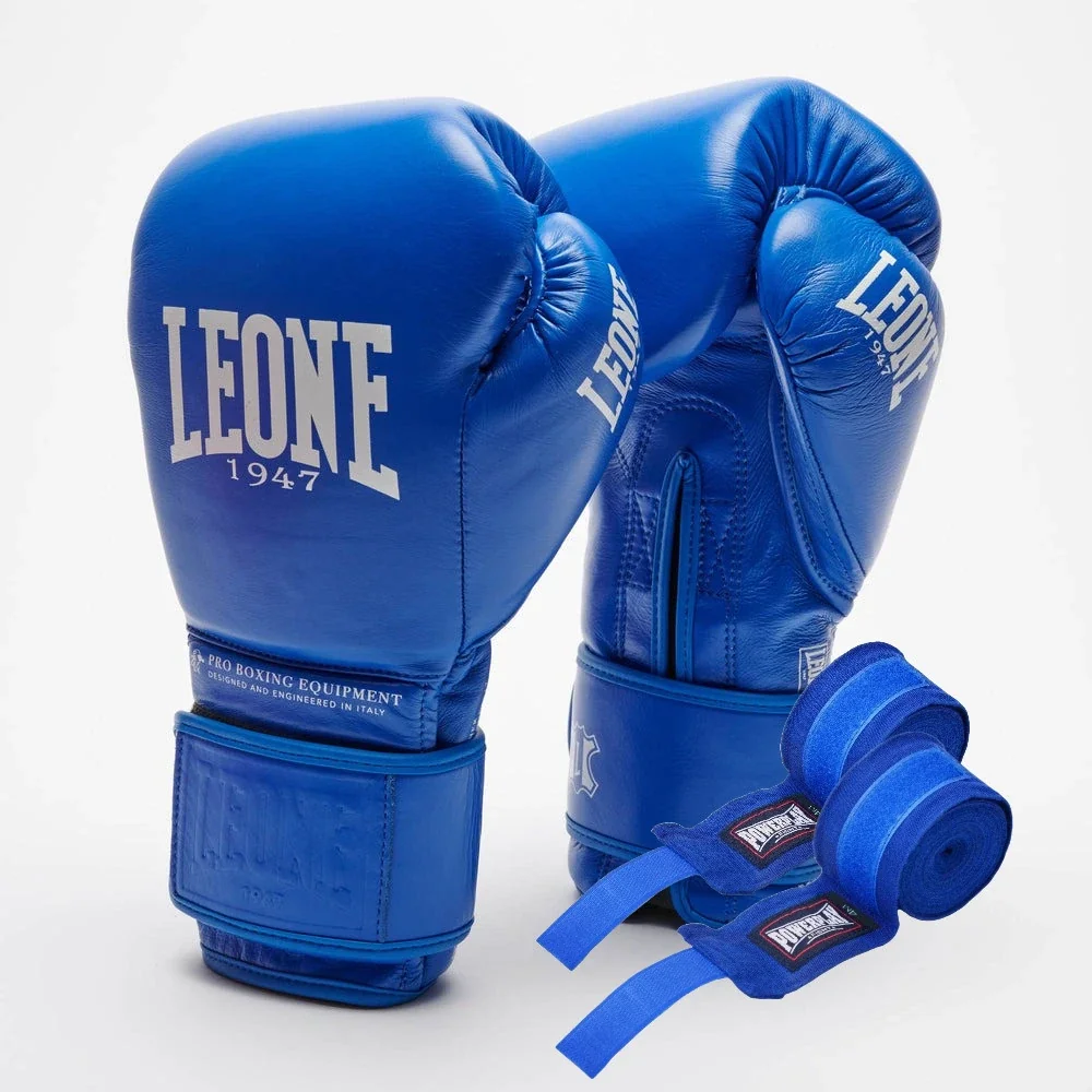 Боксерські рукавиці Leone GN111 THE GREATEST Blue 10 унцій (бинти 4 м. в комплекті)