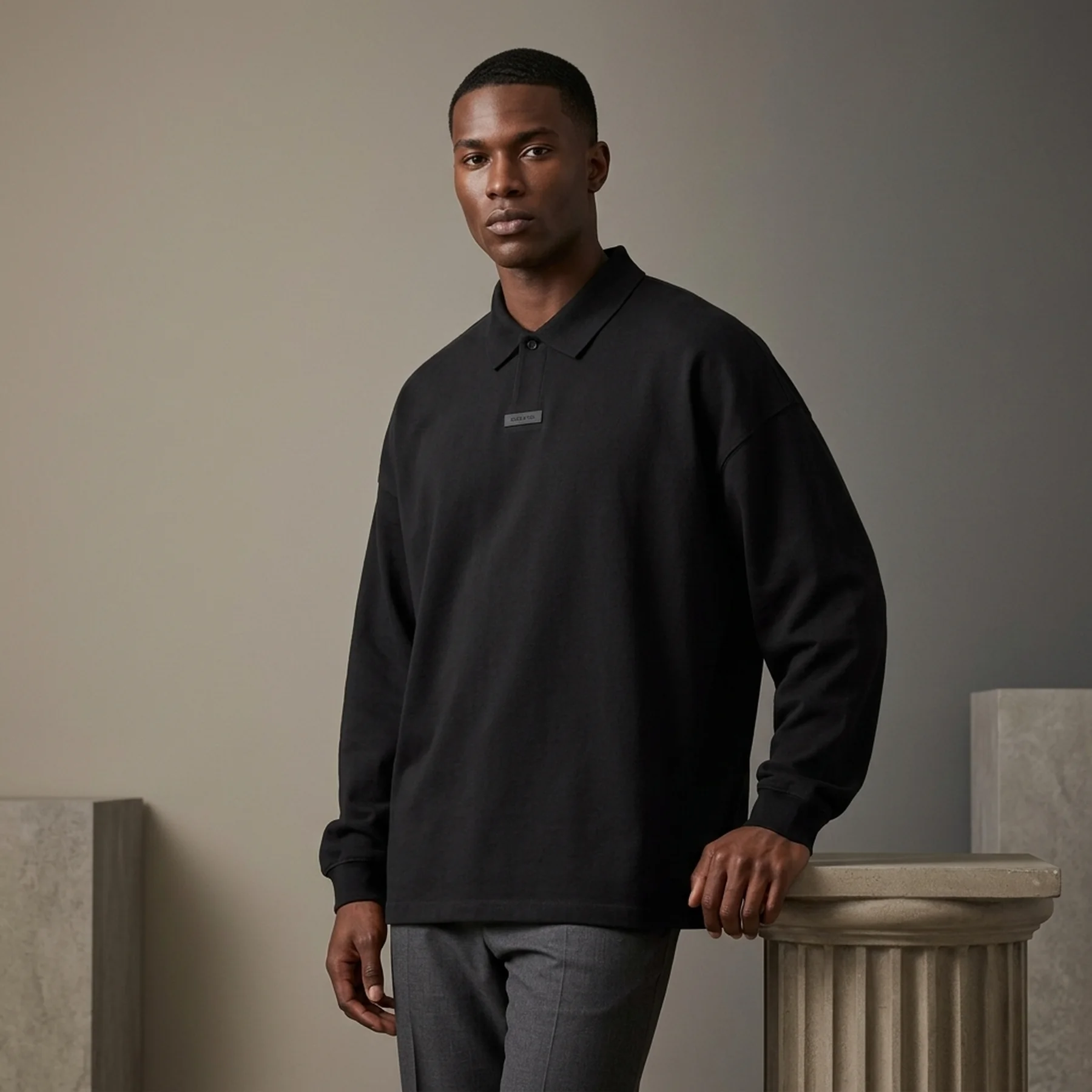 Футболка Essentials Fear Of God Essentials Black Logo Patch Long Sleeve Polo