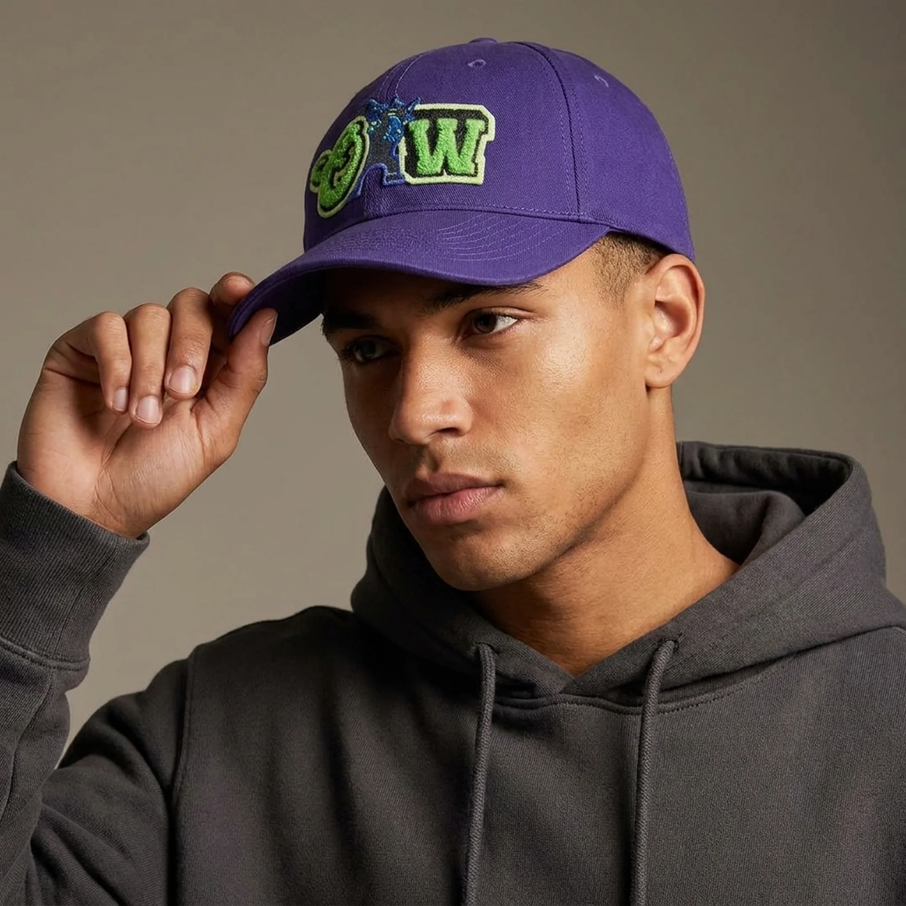off-white varsity basketball cap purple green