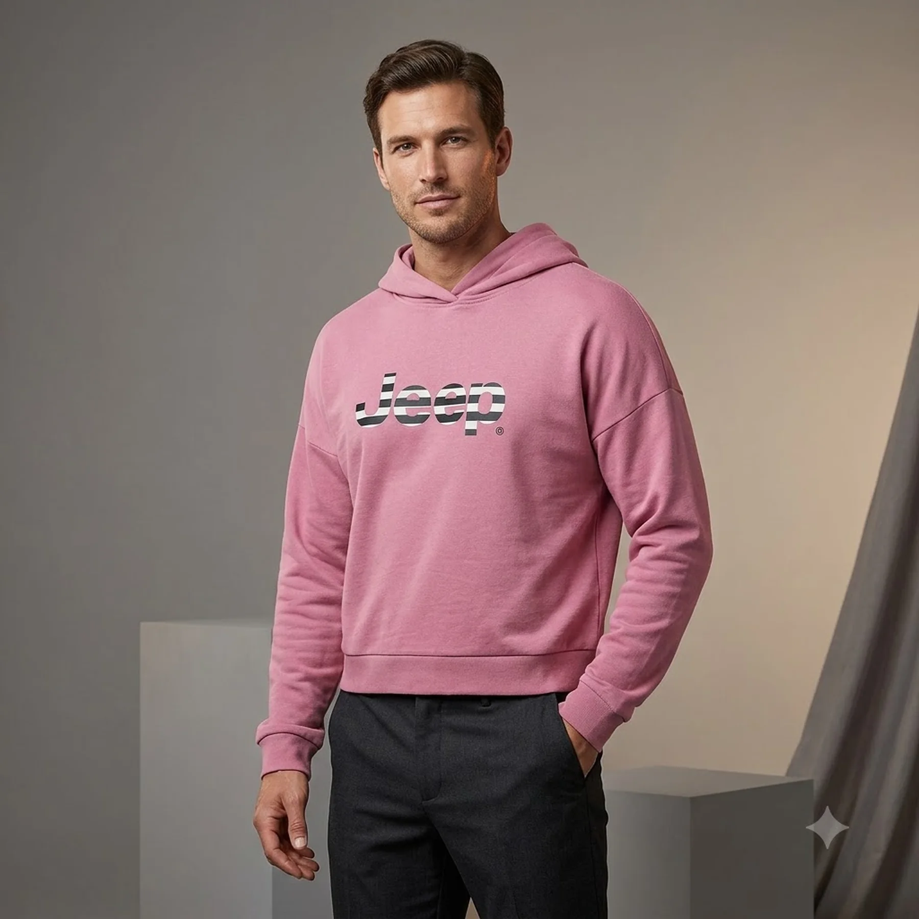 Кофта чоловіча Jeep Hooded Cropped Sweatshirt Striped Print Pink (O102609-P490)