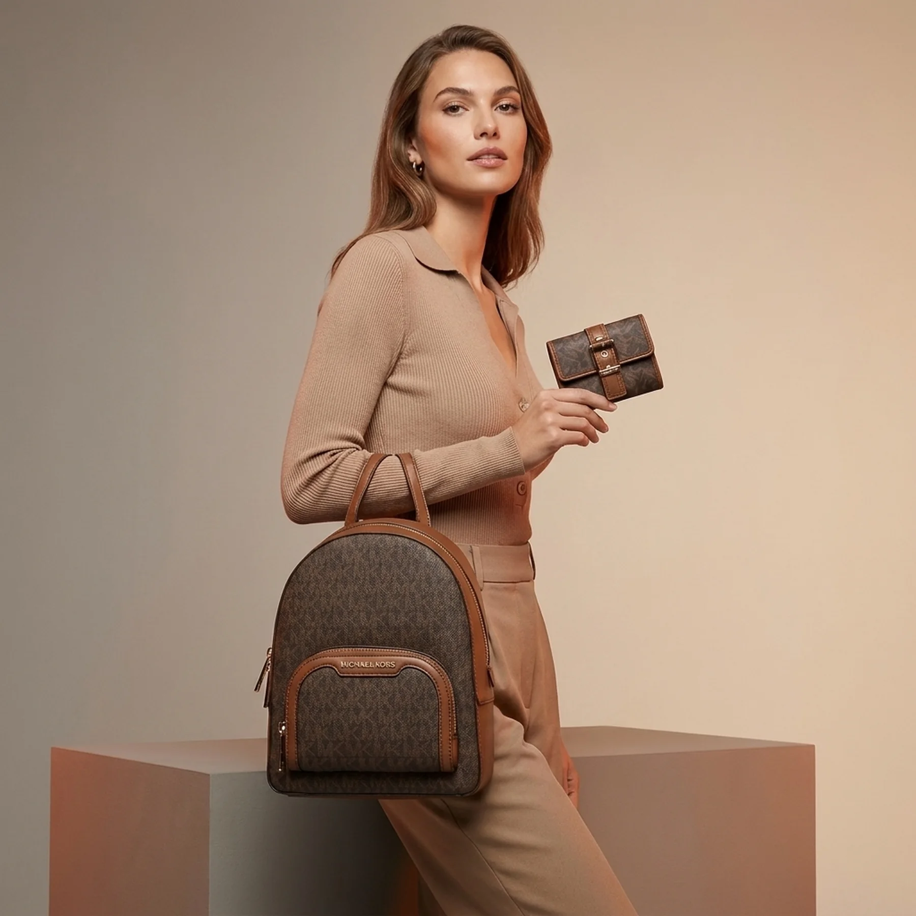 Компактний жіночий набір Michael Kors рюкзак та гаманець 1159845114 (Коричневий One Size)