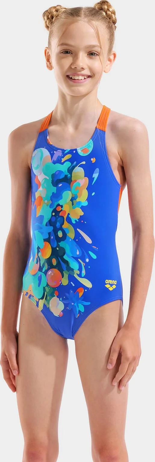 Купальник для дівчаток Arena PAINTING SWIMSUIT V BACK синій, помаранчевий 128 см (010744-830)