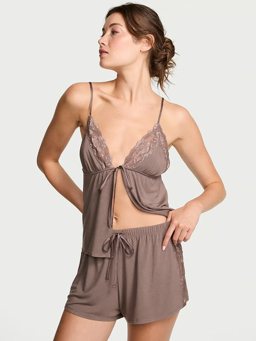 Легкий піжамний комплект з мереживними вставками Victoria's Secret майка та шортики 1159852785 (Коричневий XS)