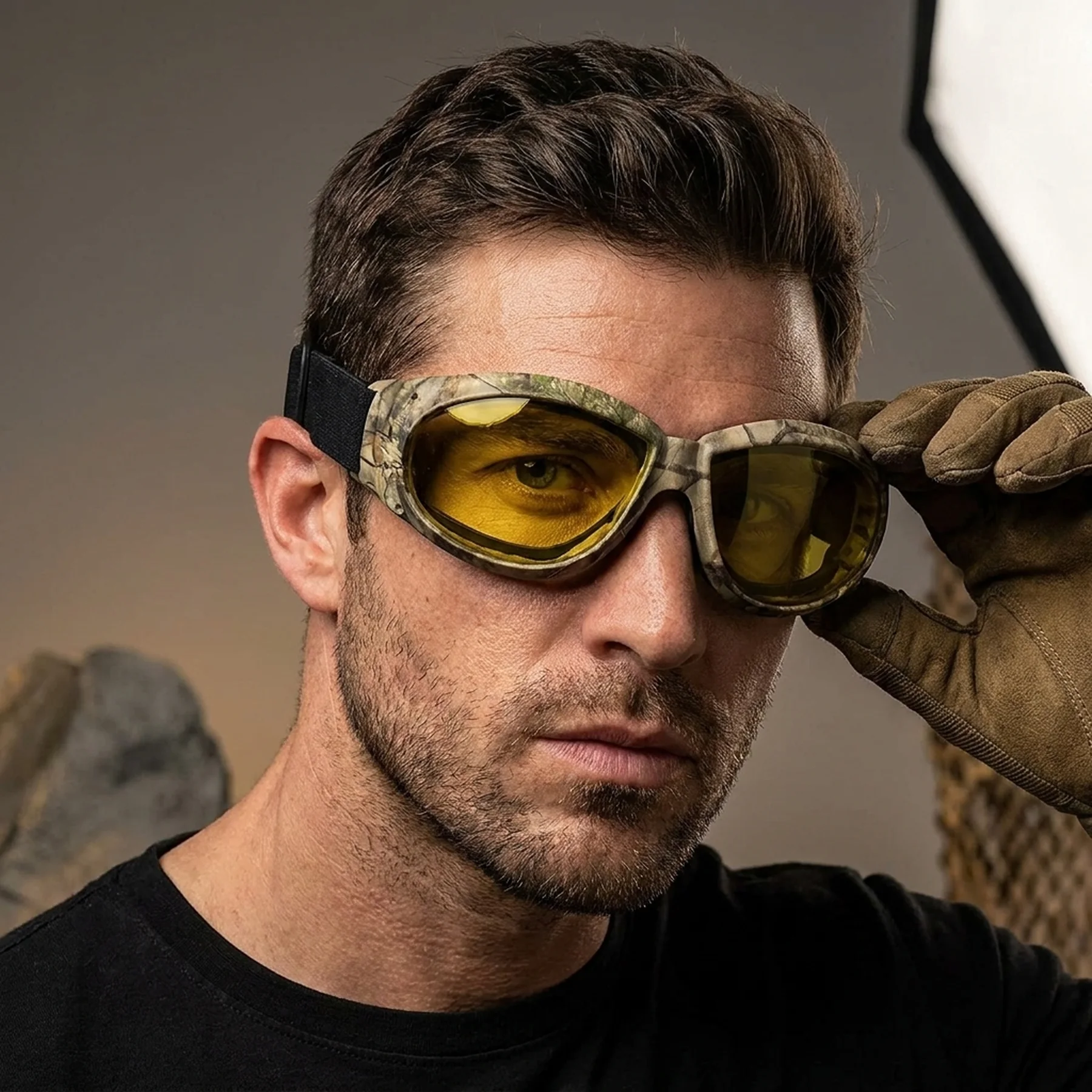 Очки защитные с уплотнителем Global Vision Eliminator Camo Forest (yellow), желтые в камуфлированной оправе