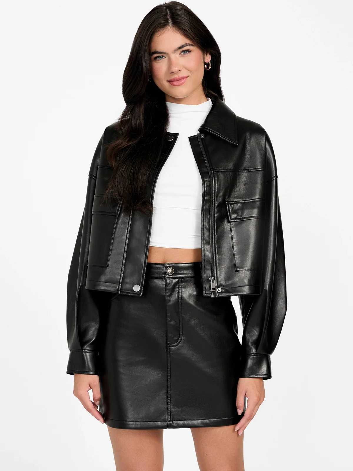 Жіноча укорочена куртка з екошкіри GUESS на блискавці 1159859292 (Чорний L)