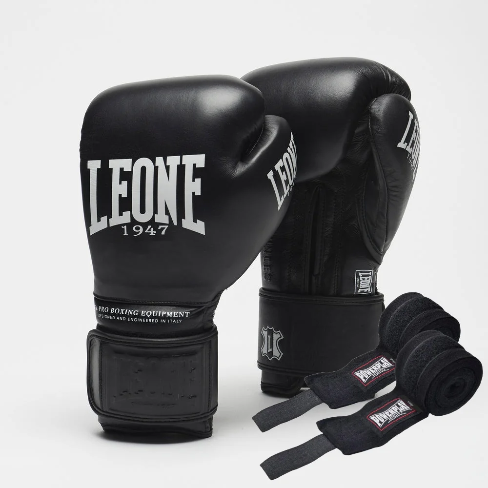 Боксерські рукавиці Leone GN111 THE GREATEST Black 16 унцій (бинти 4 м. в комплекті)