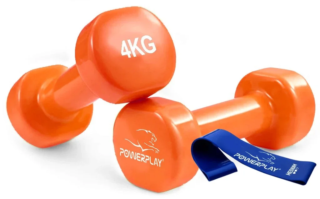 Гантелі вінілові PowerPlay 4125 Achilles 2*4 кг. Помаранчеві (пара - 2шт.) + Резинка для фітнесу 7,5кг
