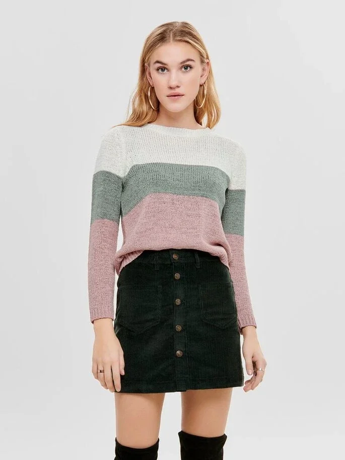 Пуловер ONLGEENA L/S BLOCK PULLOVER KNT NOOS 15161415-Cloud Dancer-Stripes:W. CHINOIS GREEN/ROS ONLY L Розовий