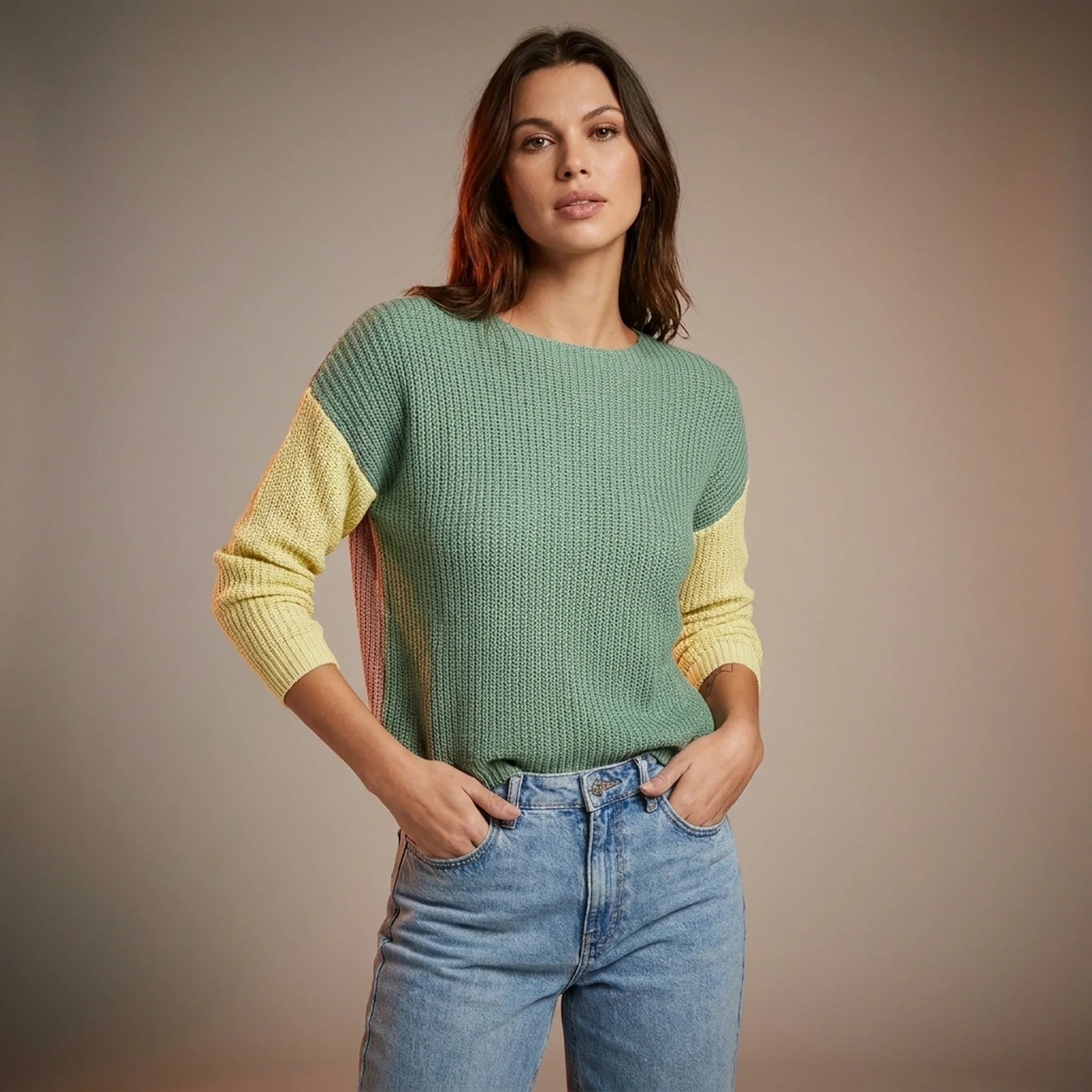 Пуловер ONLNICCI L/S BLOCK PULLOVER EX KNT 15257294-Creme De Menthe-Detail:PASTEL YELLOW/ROSE ONLY L Зелений
