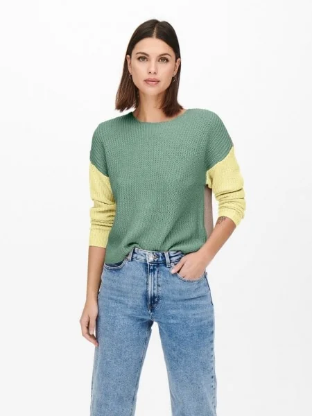 Пуловер ONLNICCI L/S BLOCK PULLOVER EX KNT 15257294-Creme De Menthe-Detail:PASTEL YELLOW/ROSE ONLY L Зелений