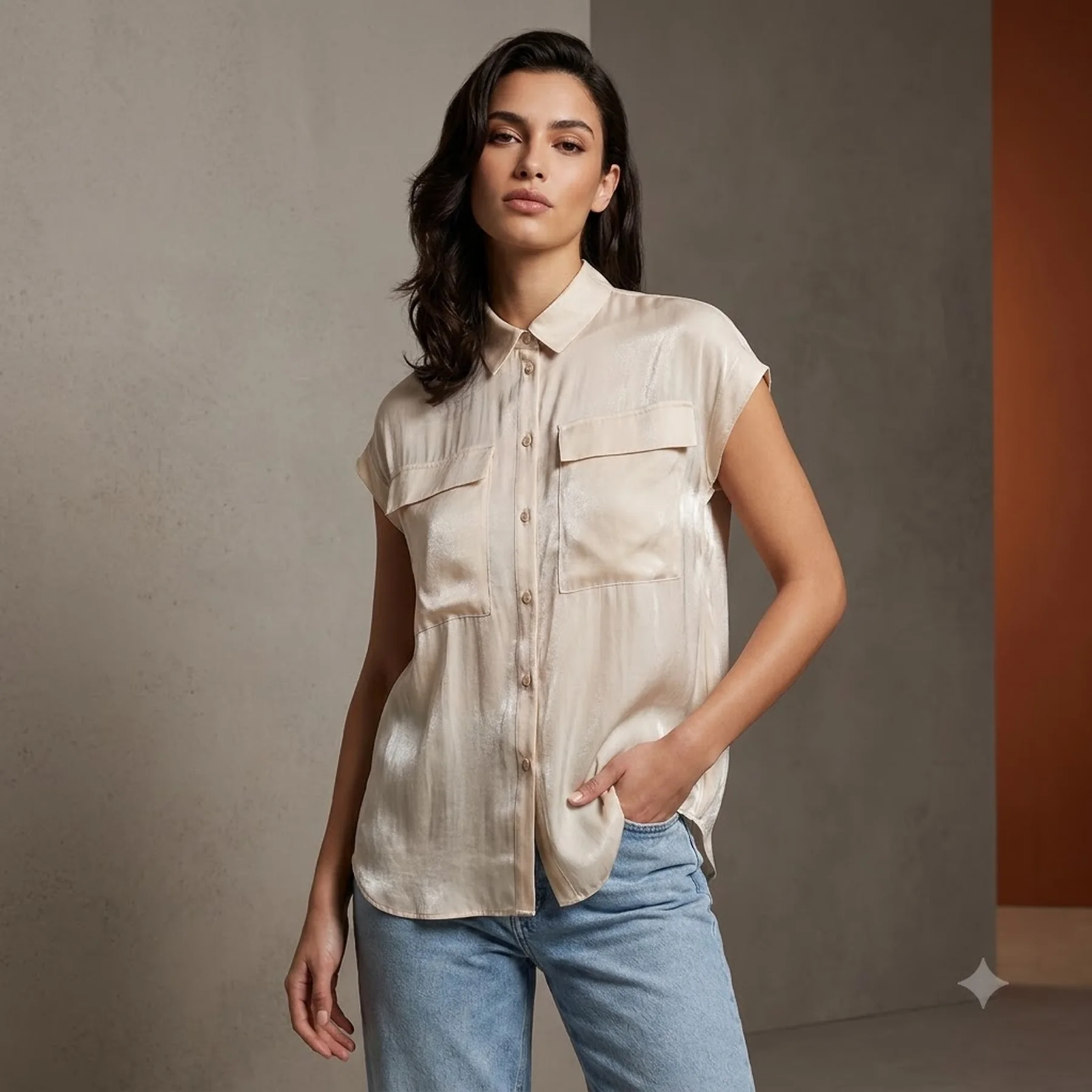 Сатинова блуза Armani Exchange без рукавів 1159821377 (Бежевий M)