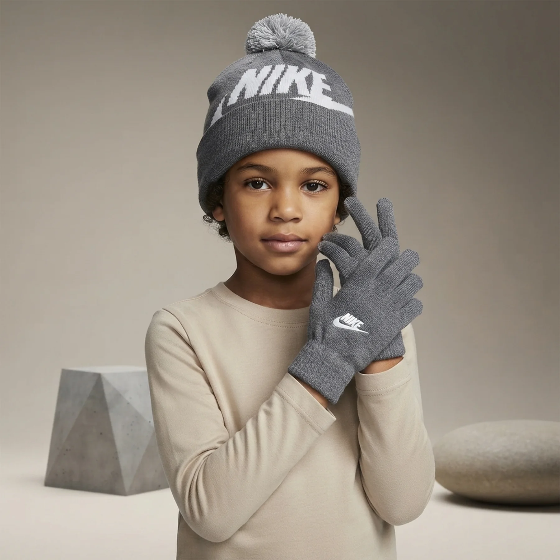 Nike Kids Dark Grey Heather Swoosh Beanie & Gloves Set