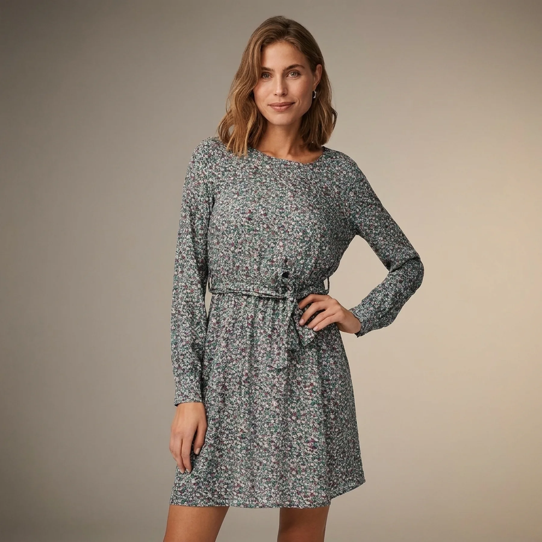 Сукня ONLANE LIFE L/S BELTED DRESS WVN 15242603-Stormy Sea-AOP:CURIOSA DITSY ONLY L Сірий