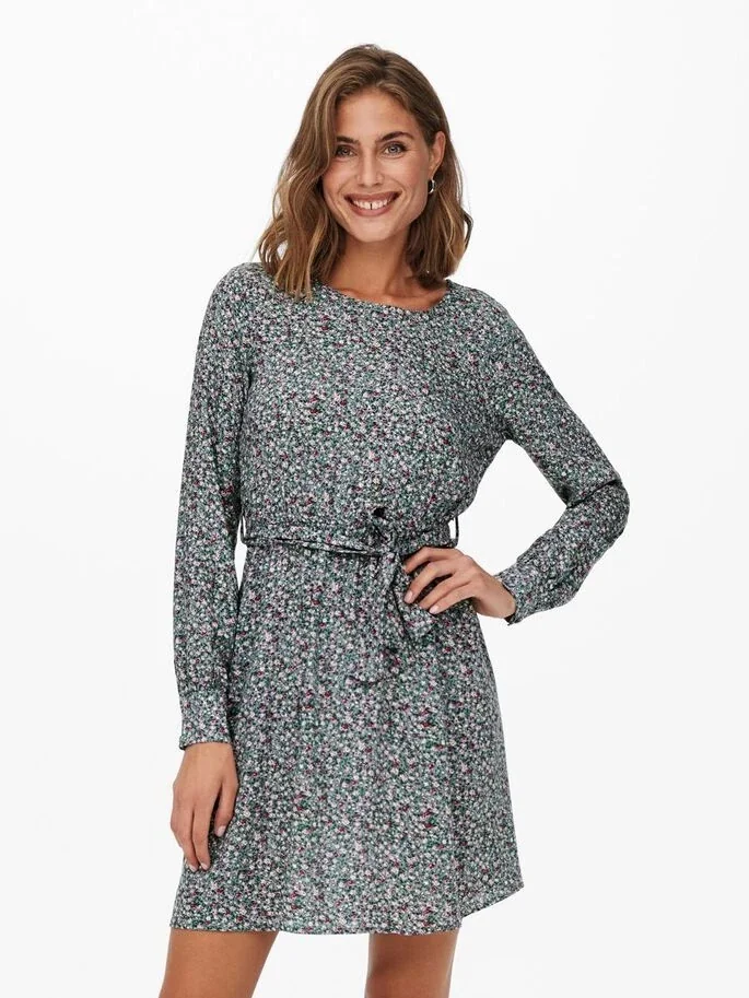 Сукня ONLANE LIFE L/S BELTED DRESS WVN 15242603-Stormy Sea-AOP:CURIOSA DITSY ONLY L Сірий