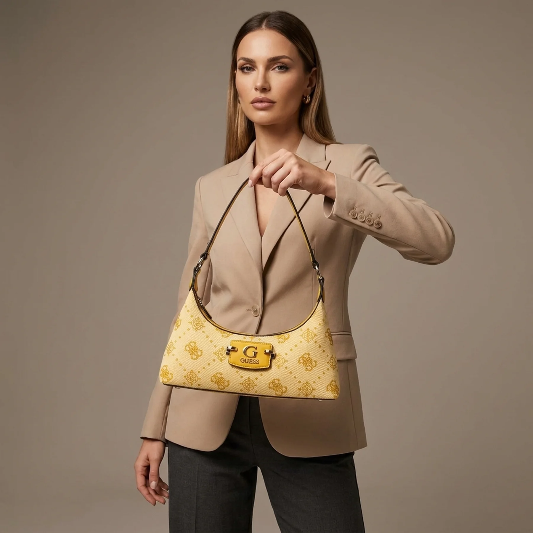 Guess Yellow Logo Neda Top Zip Shoulder Bag