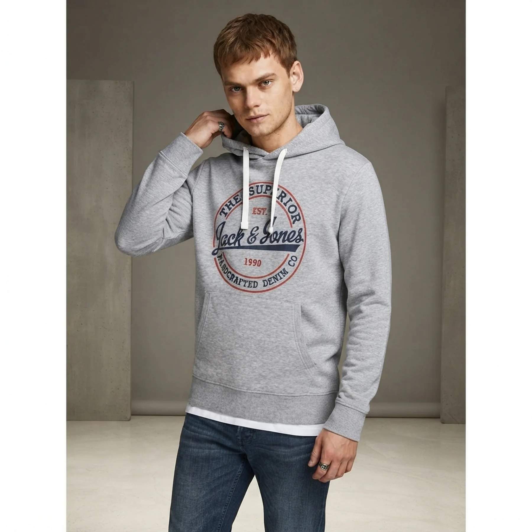 Толстовка JJBRAT SWEAT HOOD 12201406-Light Grey Melange-Print:Navy Blazer. Tru Jack & Jones XXL Сірий