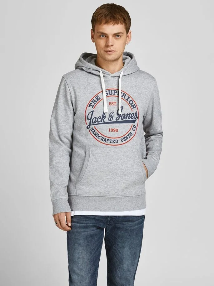 Толстовка JJBRAT SWEAT HOOD 12201406-Light Grey Melange-Print:Navy Blazer. Tru Jack & Jones XXL Сірий
