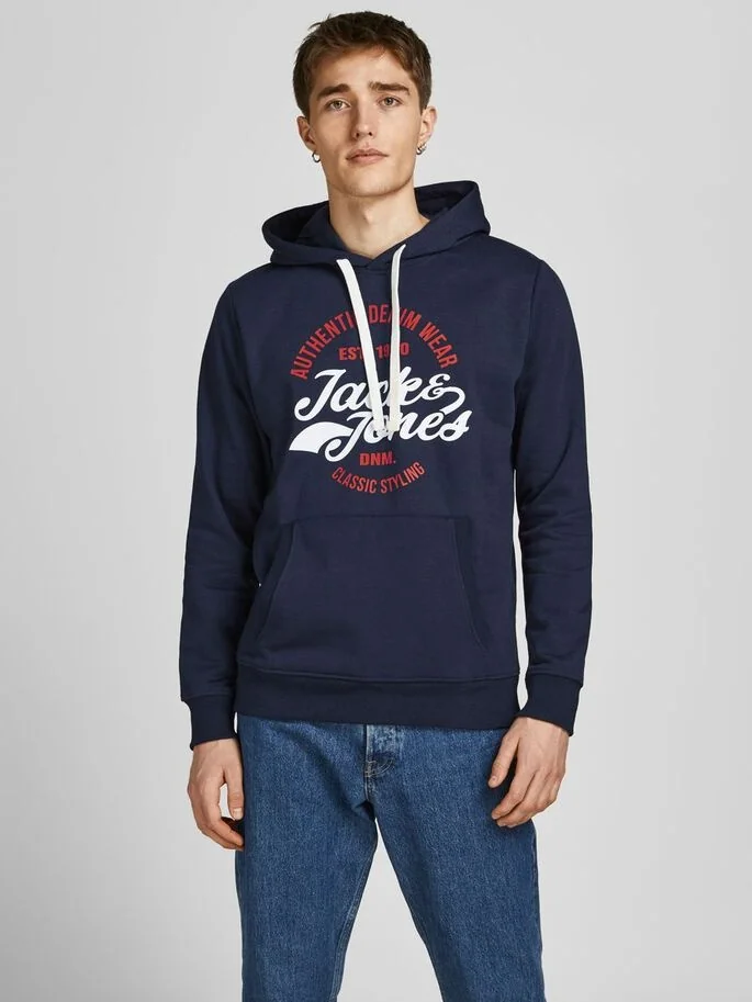 Толстовка JJBRAT SWEAT HOOD 12201406-Navy Blazer-Print:True Red. White Jack & Jones S Темно-синій