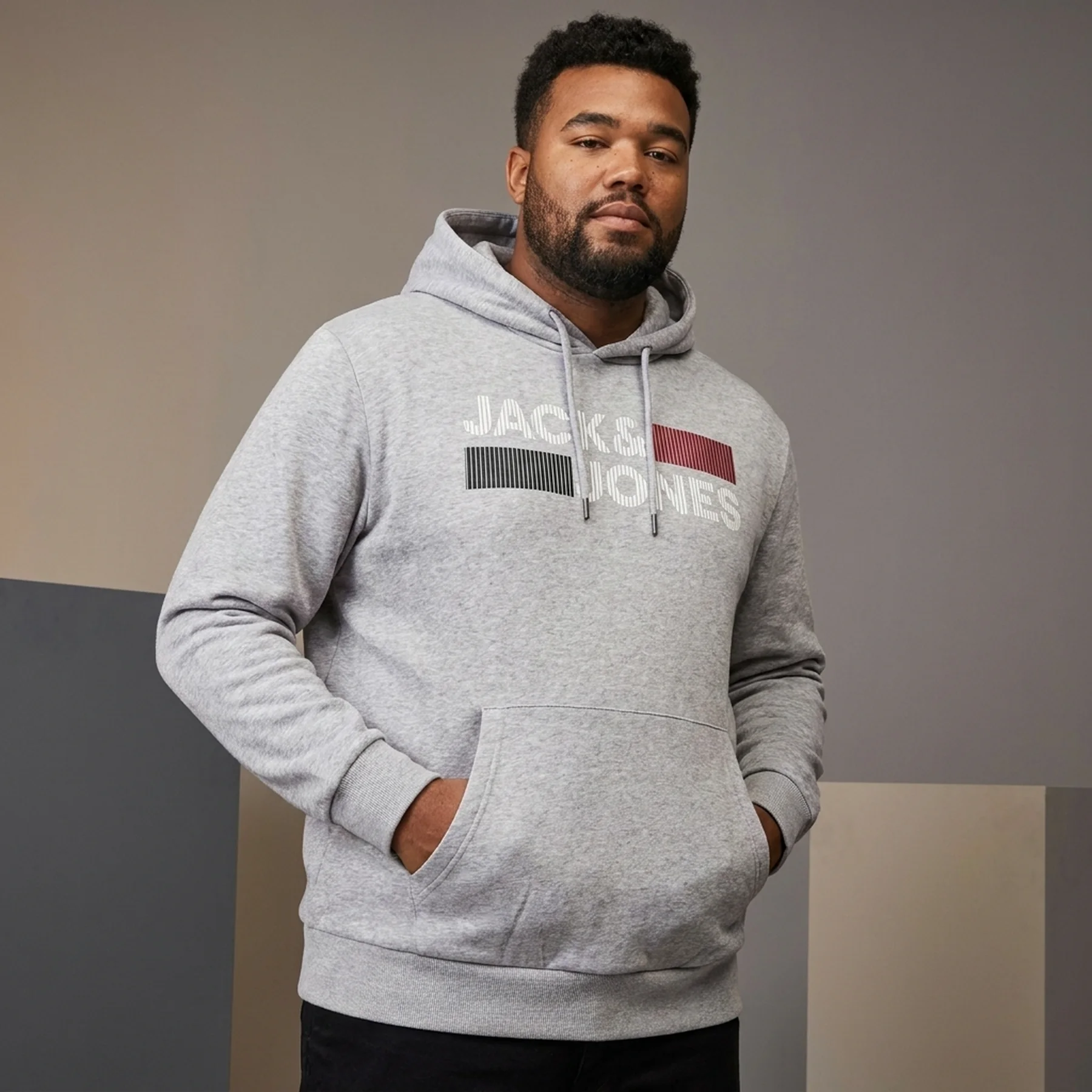 Толстовка JJECORP LOGO SWEAT HOOD NOOS PS 12163777-Light Grey Melange-Print:PLAY Jack & Jones PLUS 3XL Сірий