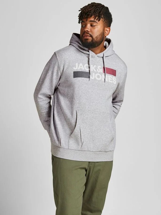 Толстовка JJECORP LOGO SWEAT HOOD NOOS PS 12163777-Light Grey Melange-Print:PLAY Jack & Jones PLUS 3XL Сірий