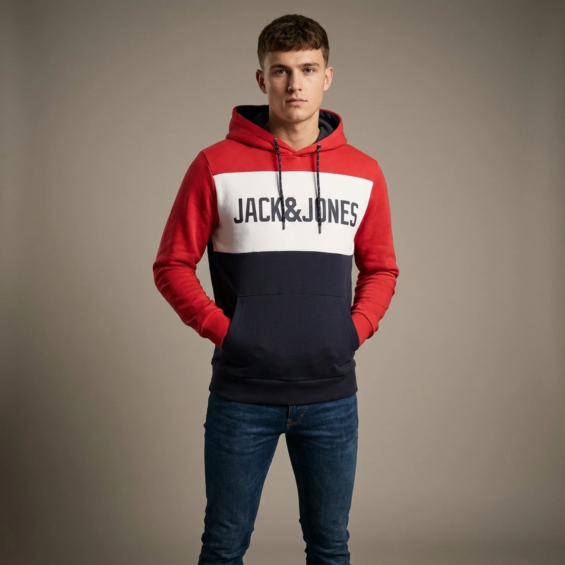 Толстовка JJELOGO BLOCKING SWEAT HOOD NOOS 12172344 Tango Red Jack & Jones XXL Червоний