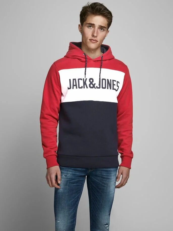 Толстовка JJELOGO BLOCKING SWEAT HOOD NOOS 12172344 Tango Red Jack & Jones XXL Червоний