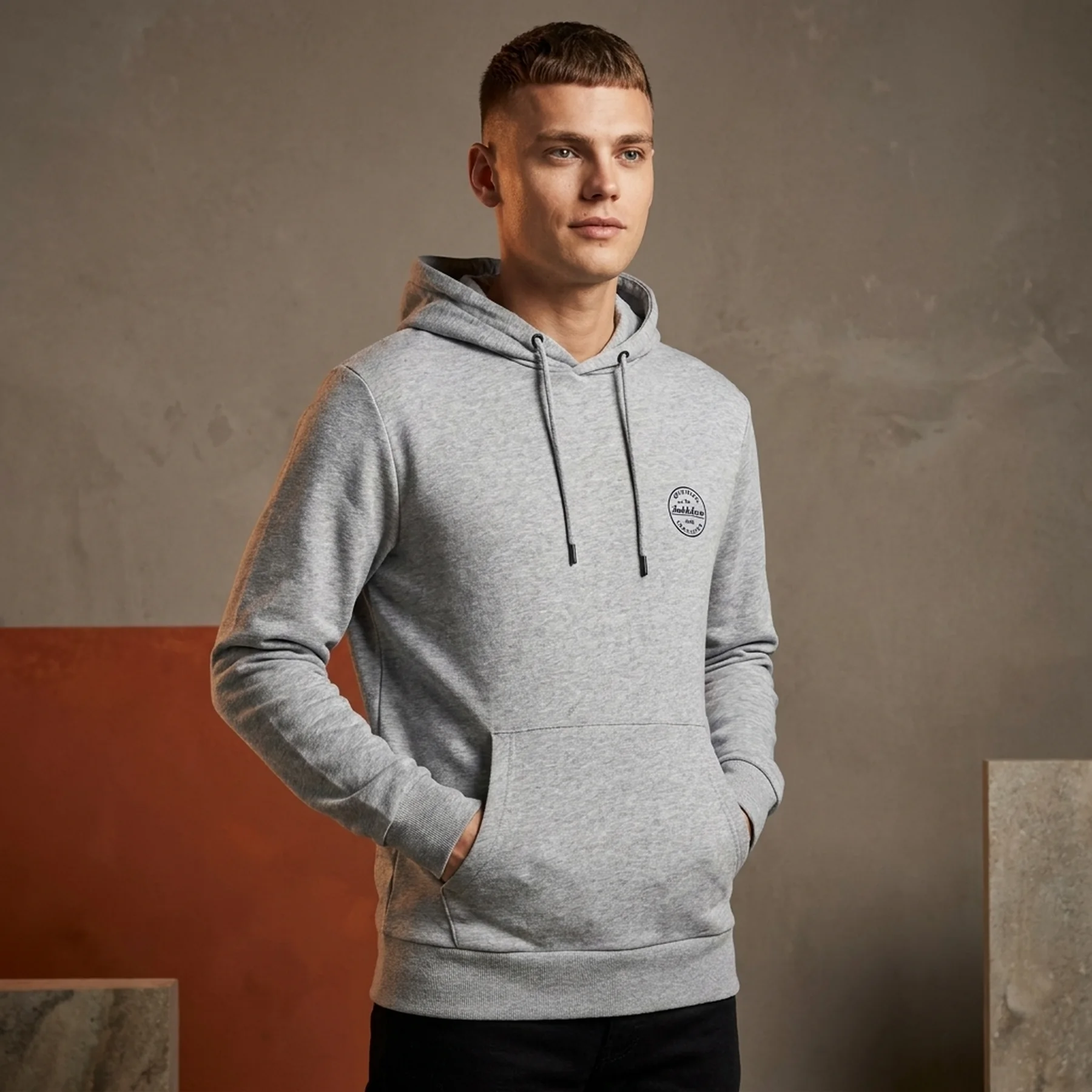 Толстовка JJESHARK SWEAT HOOD NOOS 12205081-Light Grey Melange-Print:Navy Blazer Jack & Jones XXL Сірий