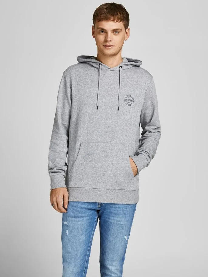 Толстовка JJESHARK SWEAT HOOD NOOS 12205081-Light Grey Melange-Print:Navy Blazer Jack & Jones XXL Сірий