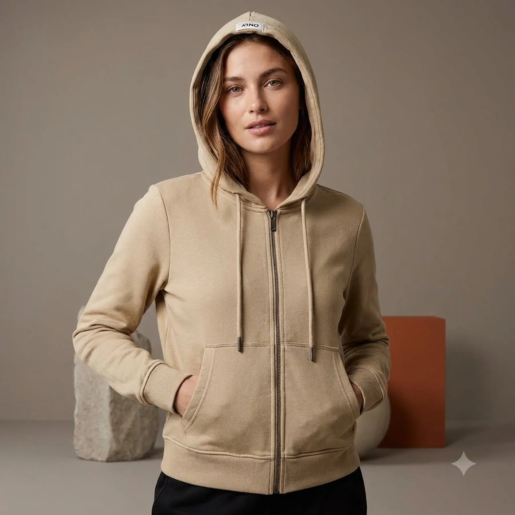 Толстовка ONLFEEL LIFE L/S ZIP HOOD SWT 15240765-Humus ONLY L Бежевий