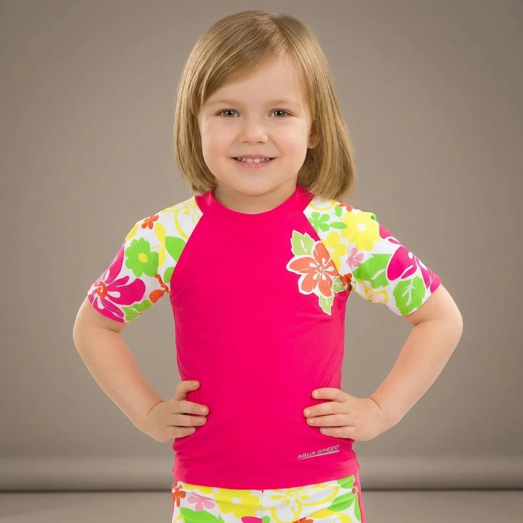 Топ сонцезахисний для дівчат Aqua Speed T-SHIRT FLOWER 2120 рожевий, мультиколор Діт 104см