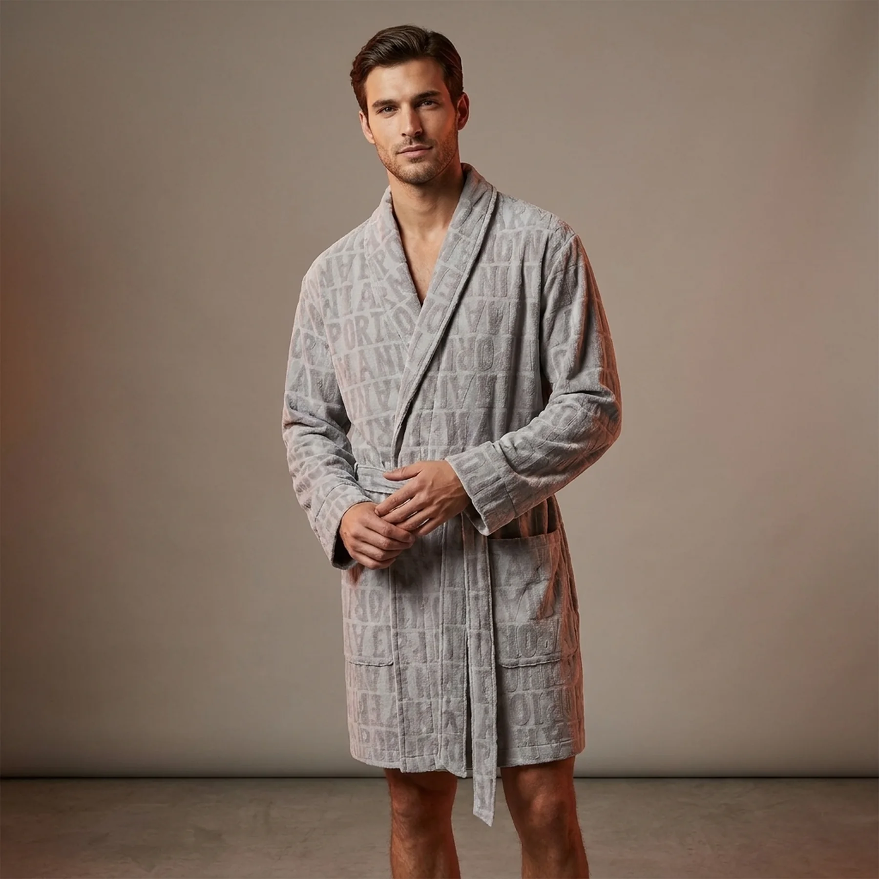 Велюровий халат Emporio Armani з поясом 1159809631 (Сірий, One size)