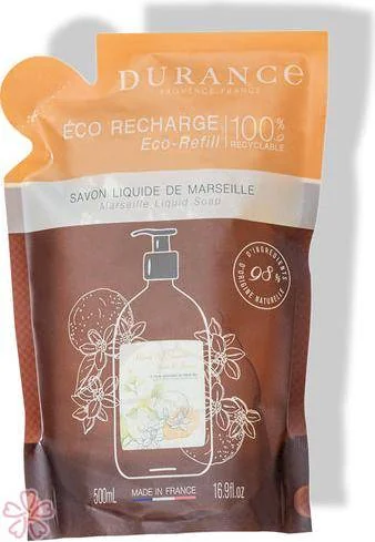 Запасная эко упаковка натурального жидкого мыла Durance Eco-Refill Liquid Marseille Soap 500 мл Неролі та Жасмін