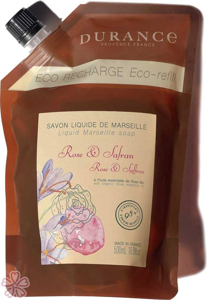 Запасная эко упаковка натурального жидкого мыла Durance Eco-Refill Liquid Marseille Soap 500 мл Троянда і Шафран