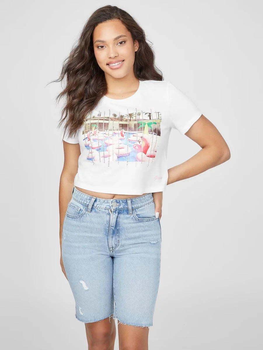 Жіноча укорочена футболка GUESS з принтом та стразами 1159783459